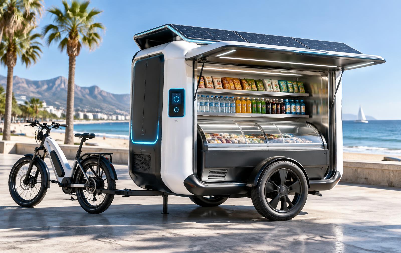My Ice Bike solar-powered electric cargo trailer on a beach promenade